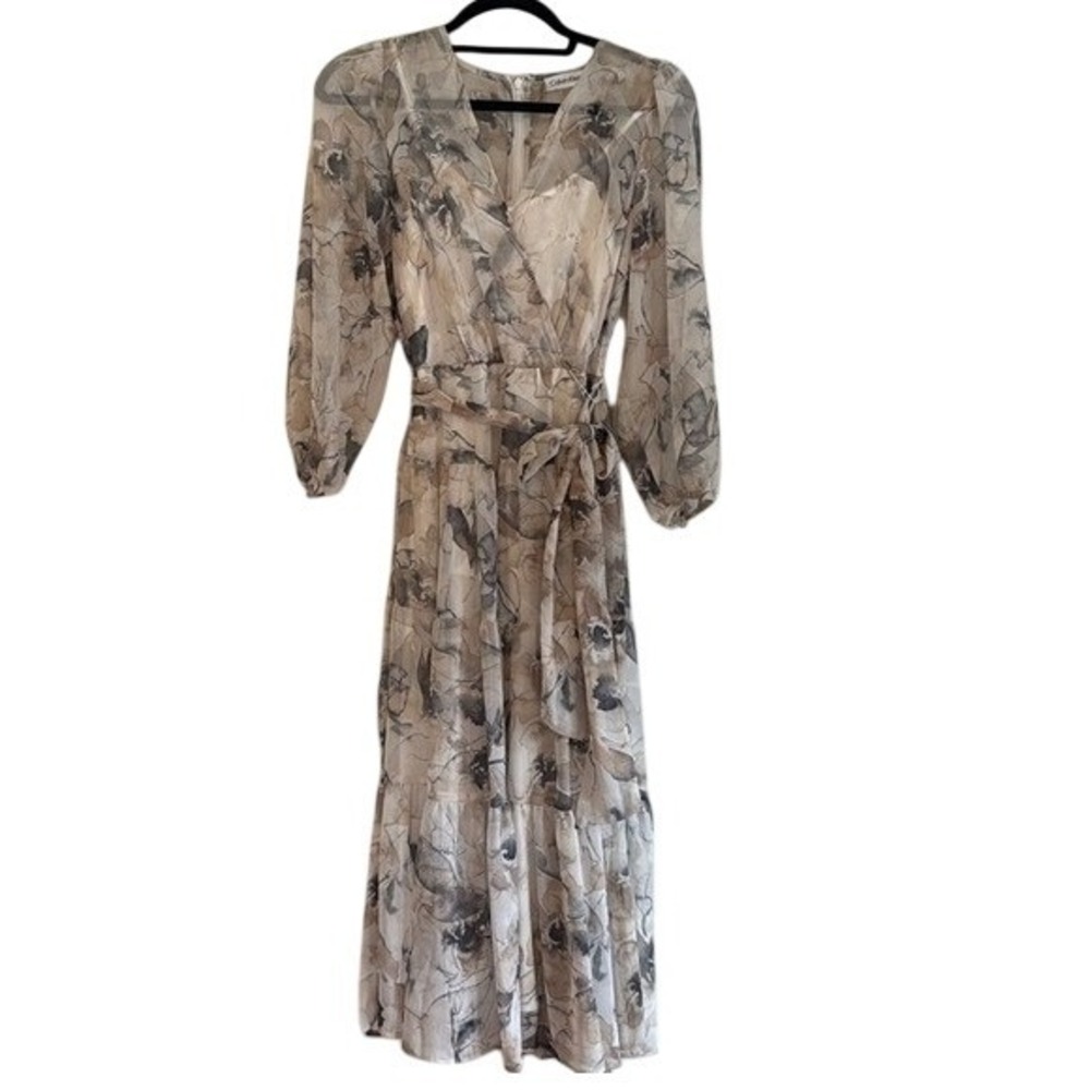 Calvin Klein Floral Chiffon Tiered Midi Dress Neutral Watercolor Size 2